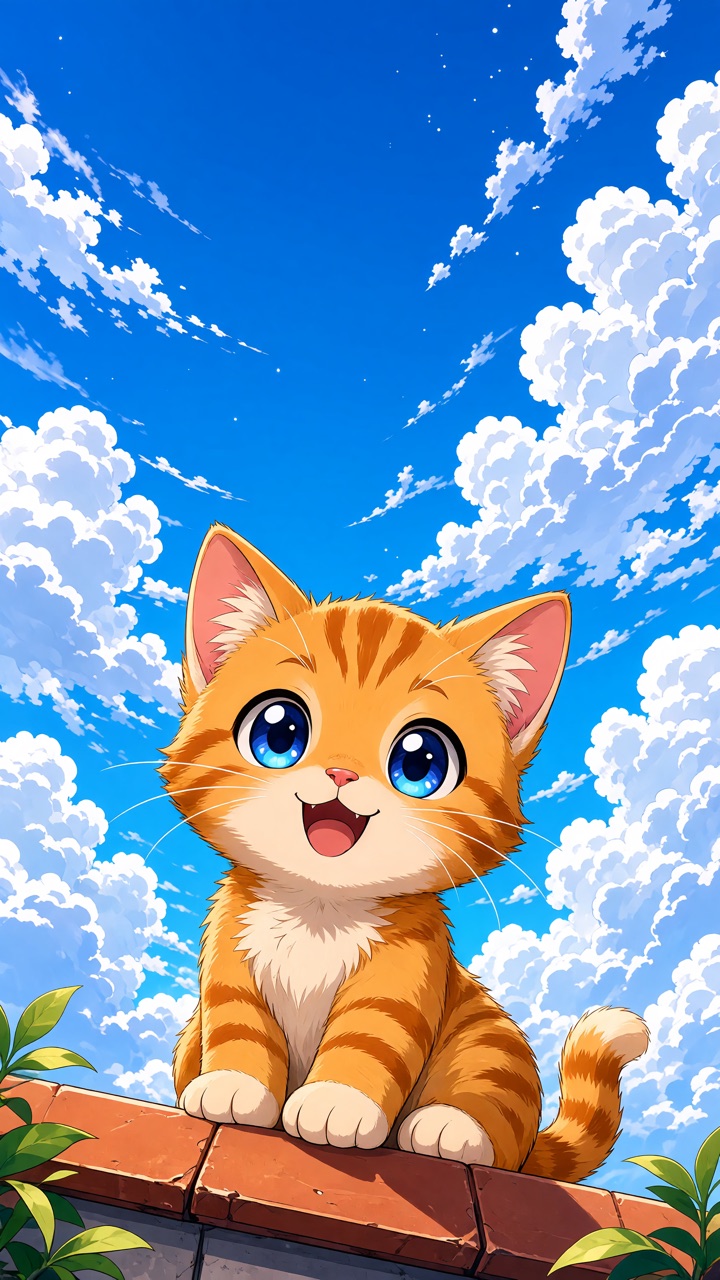 The LiveSample orange kitten beneath a vivid blue anime sky.