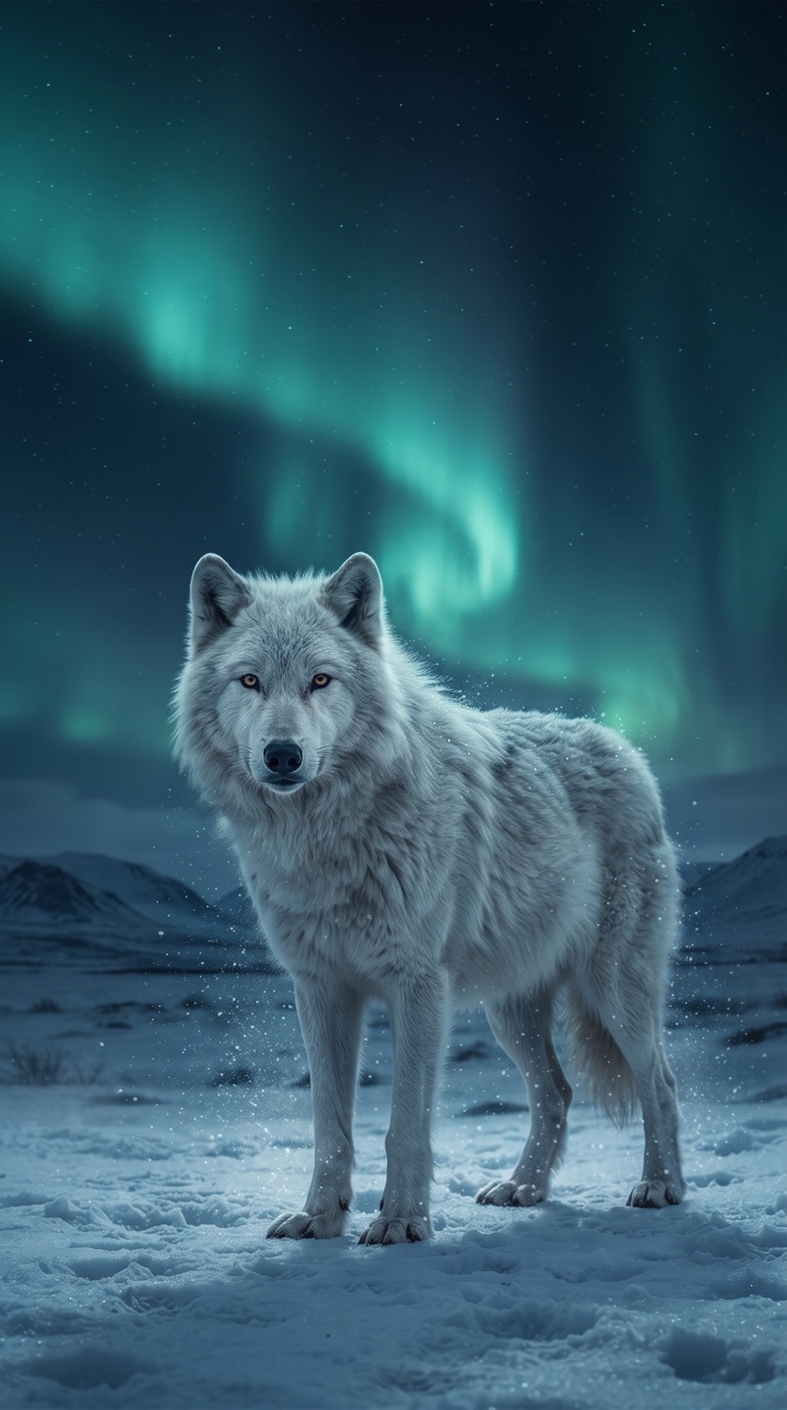 An arctic wolf beneath green and teal aurora ribbons.
