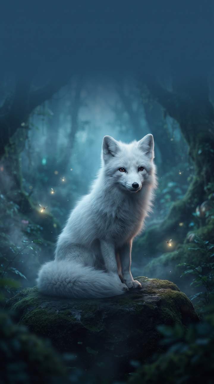 A white fox in a softly lit cinematic forest.
