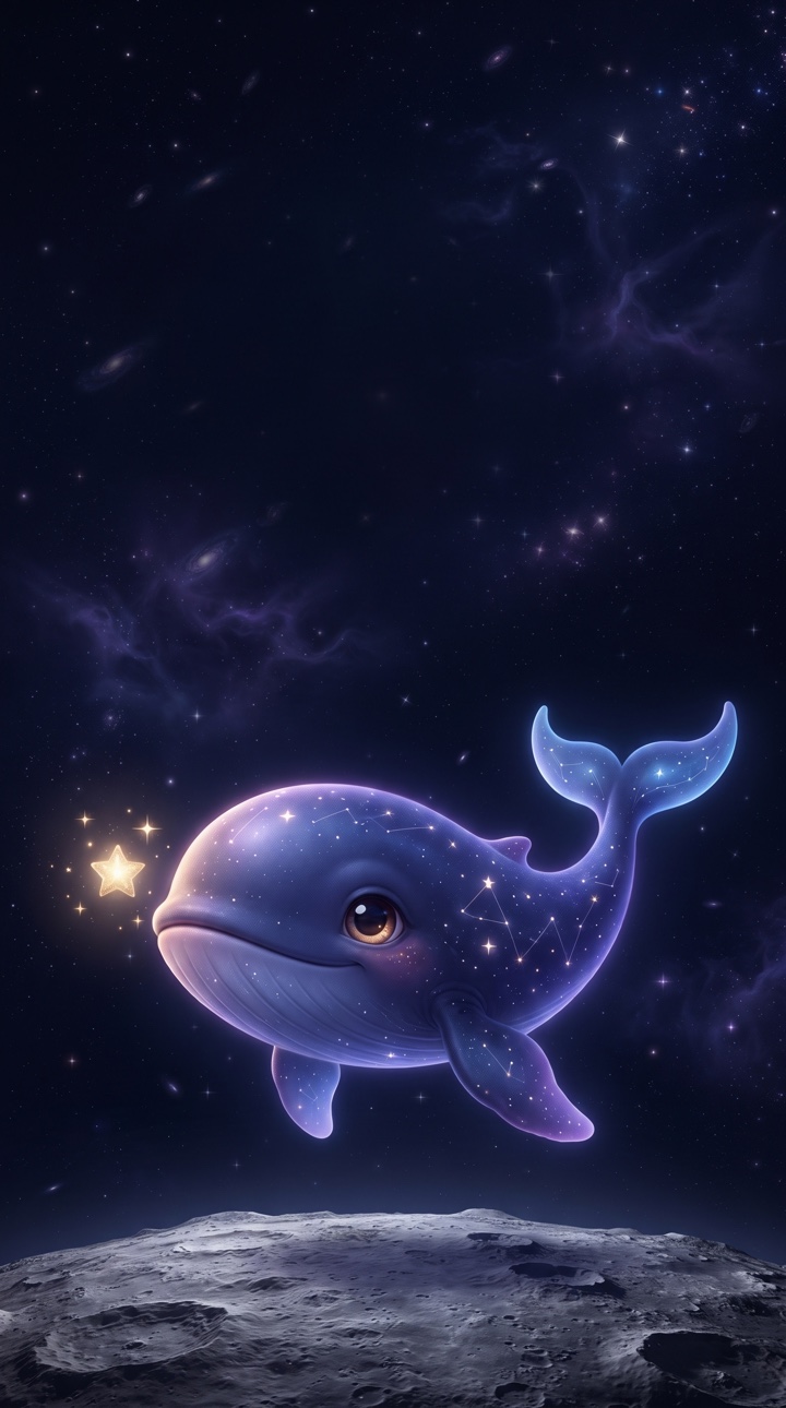 A glowing celestial whale floating among violet stars.