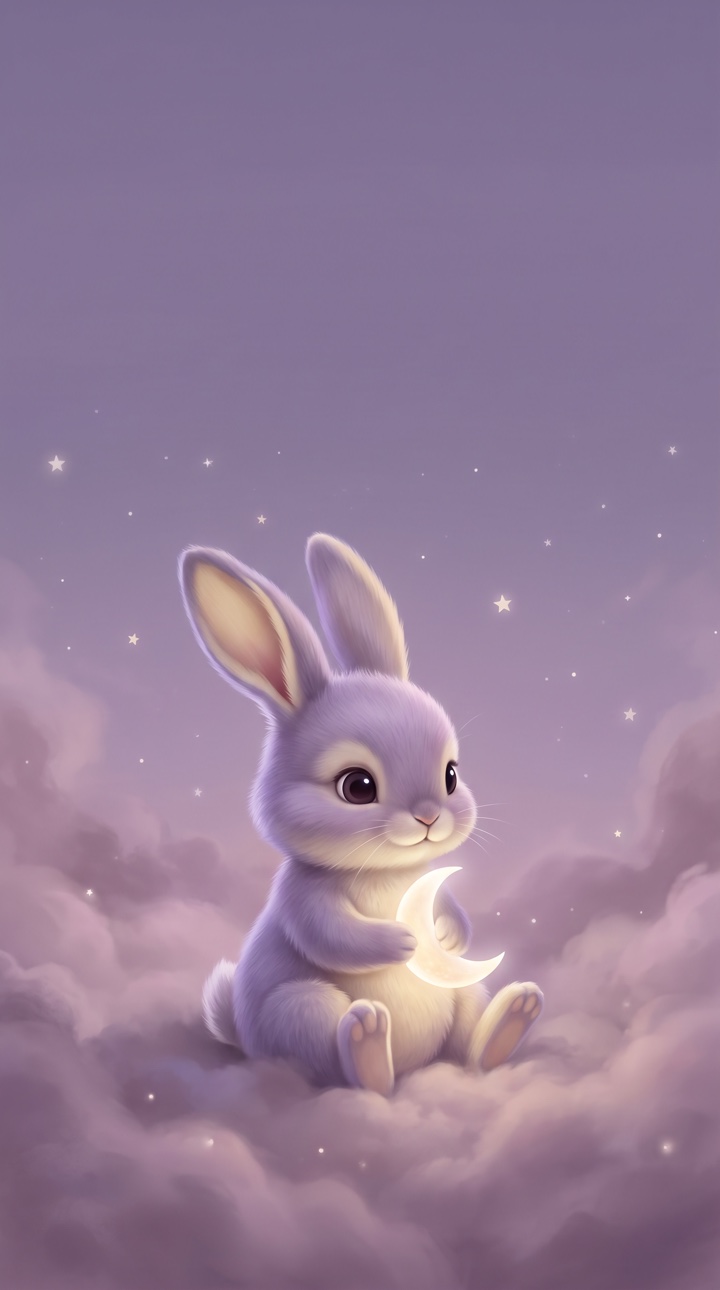A pastel bunny holding a glowing crescent moon.