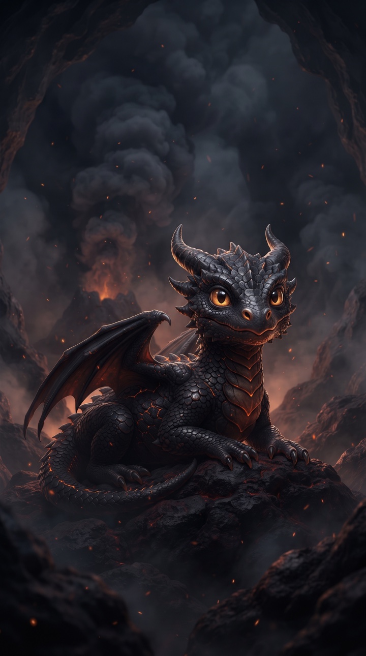 A small dragon surrounded by glowing volcanic embers.
