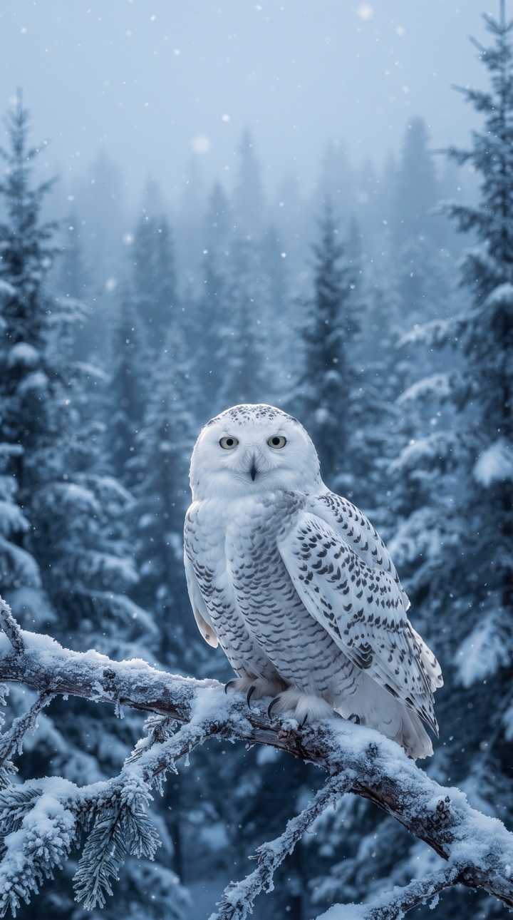 A snowy owl perched in a frosted winter forest.