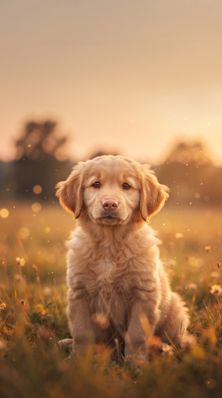 A fluffy puppy in warm golden-hour light.