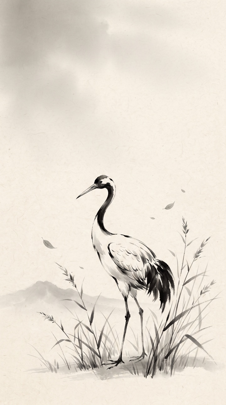 A crane rendered in delicate sumi-e ink wash.