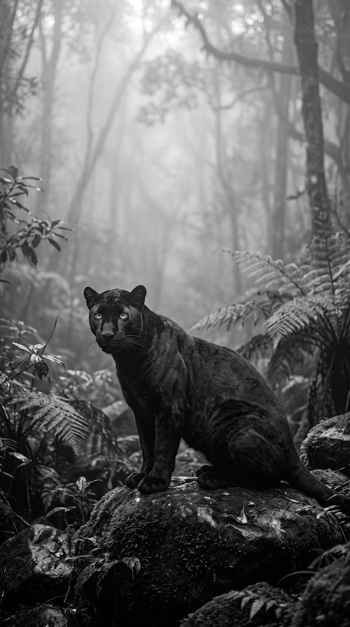A black panther in a richly textured monochrome forest.