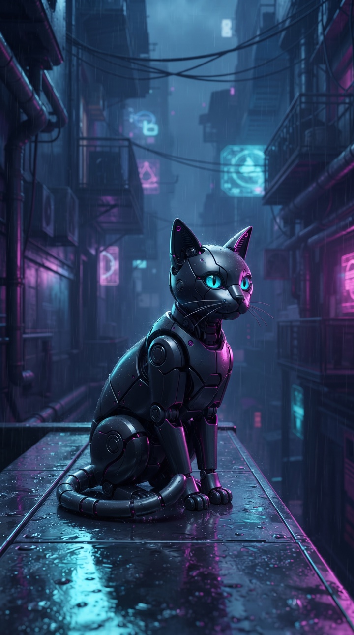 A robotic cat in a rainy cyan and magenta city.